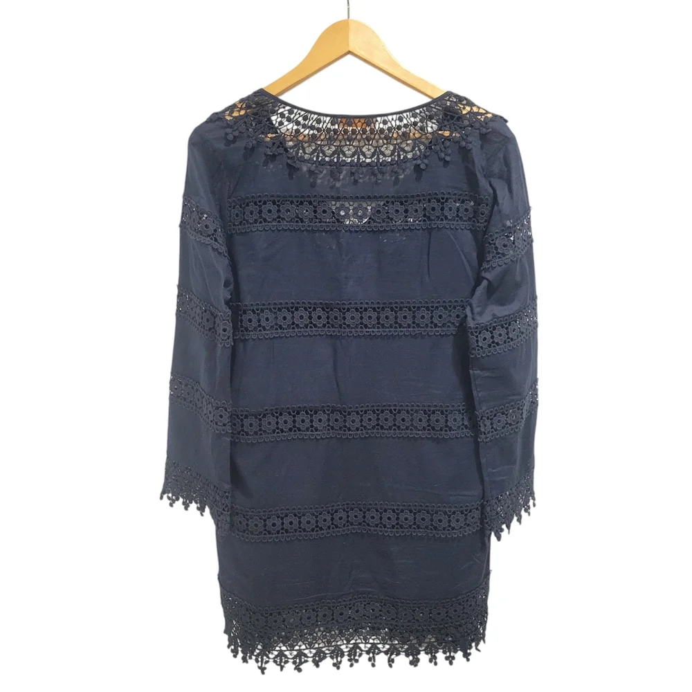 Tory Burch semi-sheer crochet navy blue cover-up/ mini dress women's size S